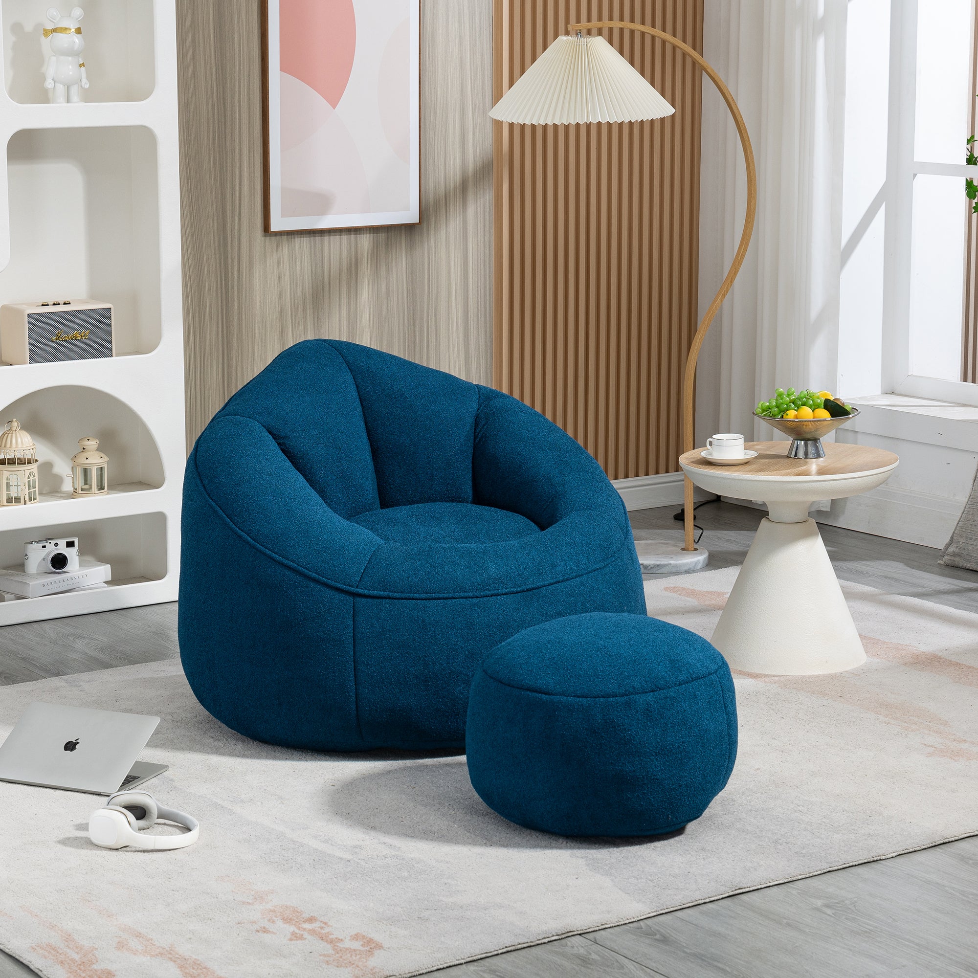 Bedding Bean Bag Sofa Chair with High-Pressure Foam and Footrest, Blue Microfiber - Grand Goldman Shop