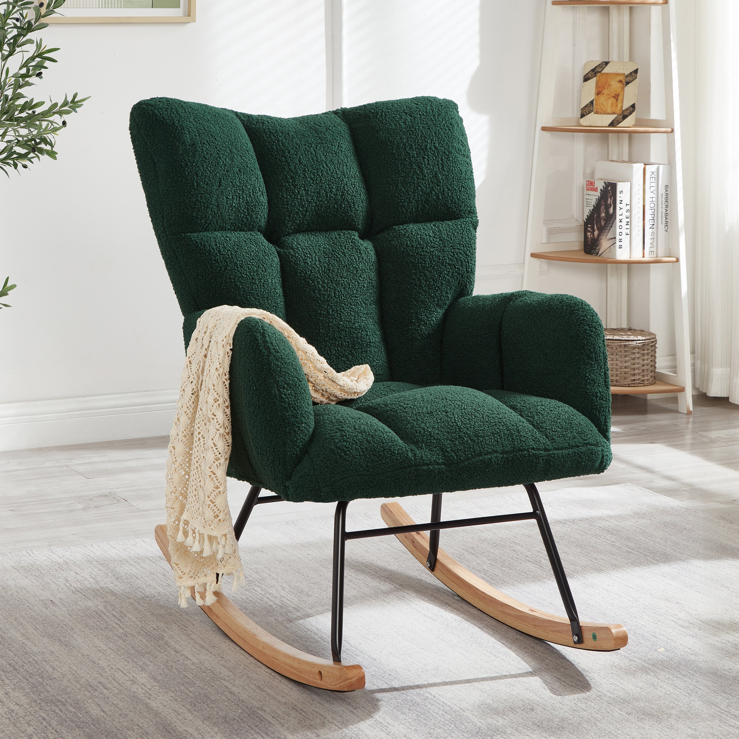 Glider Chair for Living Room Tufted Upholstered Teddy Fabric Rocking Chair with Metal Frame Accent Chair Green - Grand Goldman Shop
