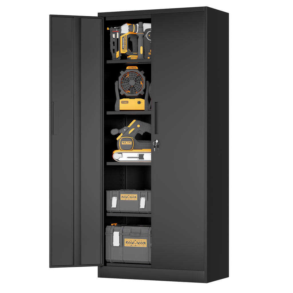 71'H Metal Garage Storage Cabinet, Black Tool Steel Locking Cabinet with Doors and 4 Shelves, Tall Cabinets for Garage Storag