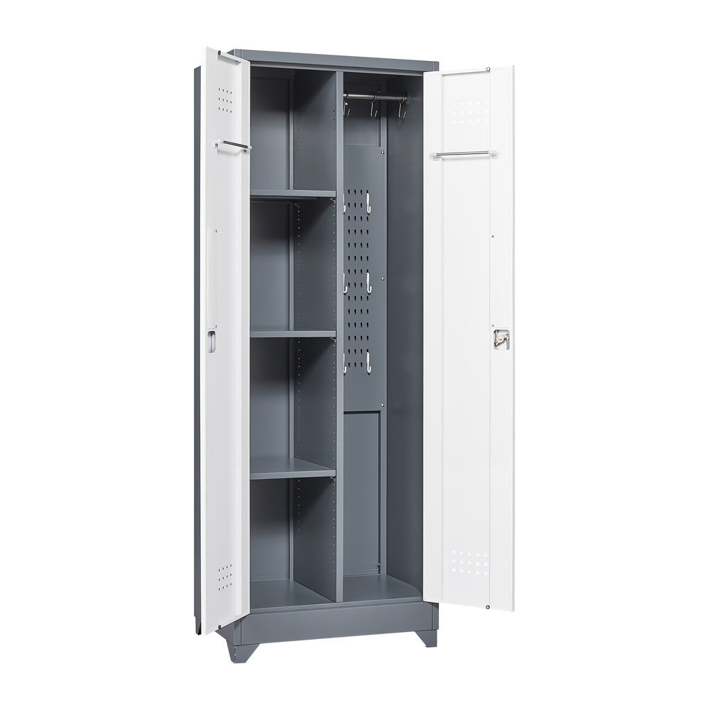 Heavy Duty Grey Metal Storage Cabinet with Locking Doors, Hanging Rod & Shelves, 65' H Broom Closet for Garage or Basement | 
