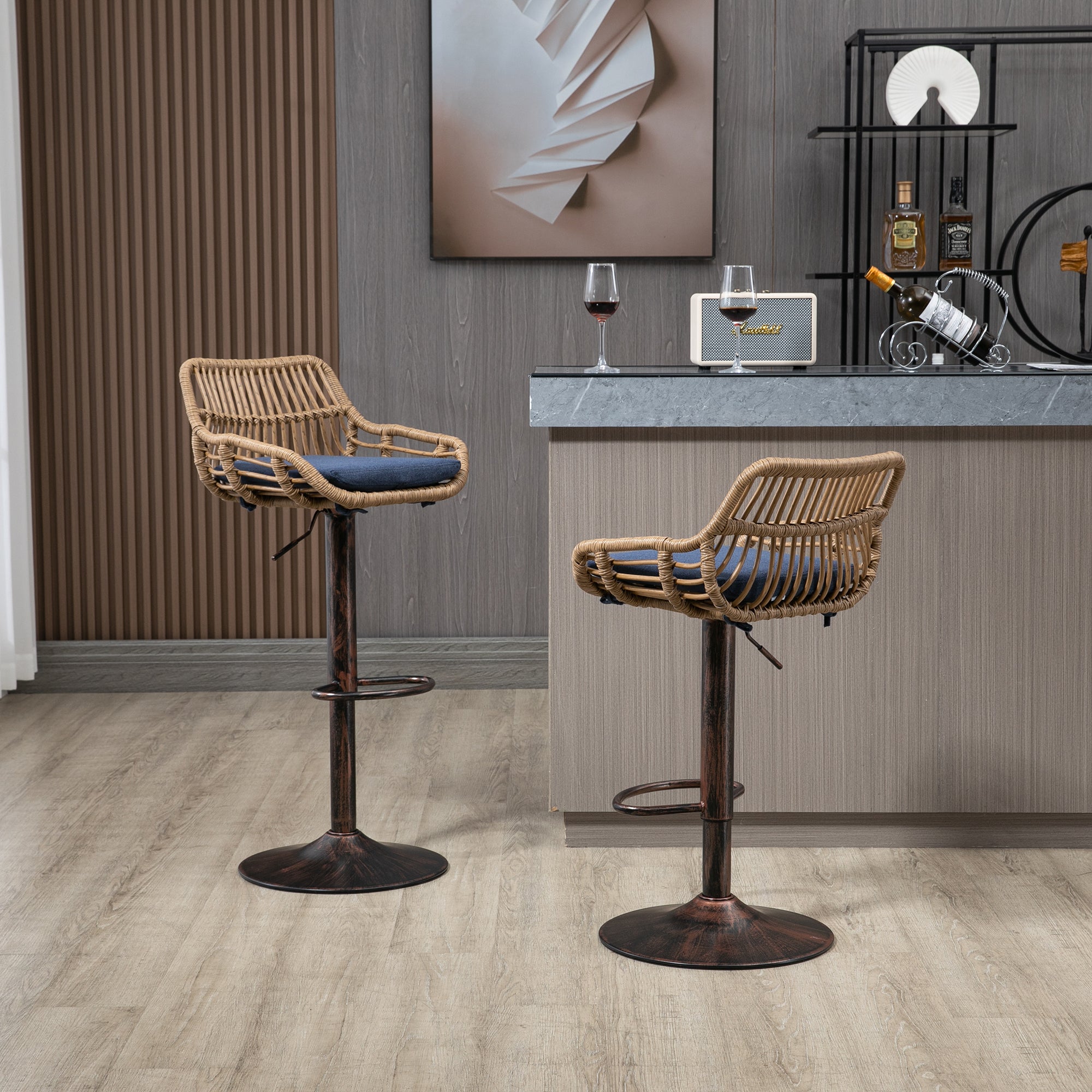 COOLMORE Modern Swivel Bar Stools Set of 2 Adjustable Counter Height Chairs with Footrest Blue Linen - Grand Goldman Shop