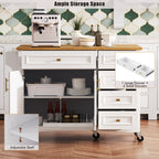 K&K 52'' Kitchen Island with Drop Leaf, Embossed Texture Kitchen Island on Wheels with Spice Rack, Towel Rack, 2 Doors and 5 Drawers, Kitchen Storage Cart with Adjustable Shelf for Kitchen, White - Grand Goldman Shop