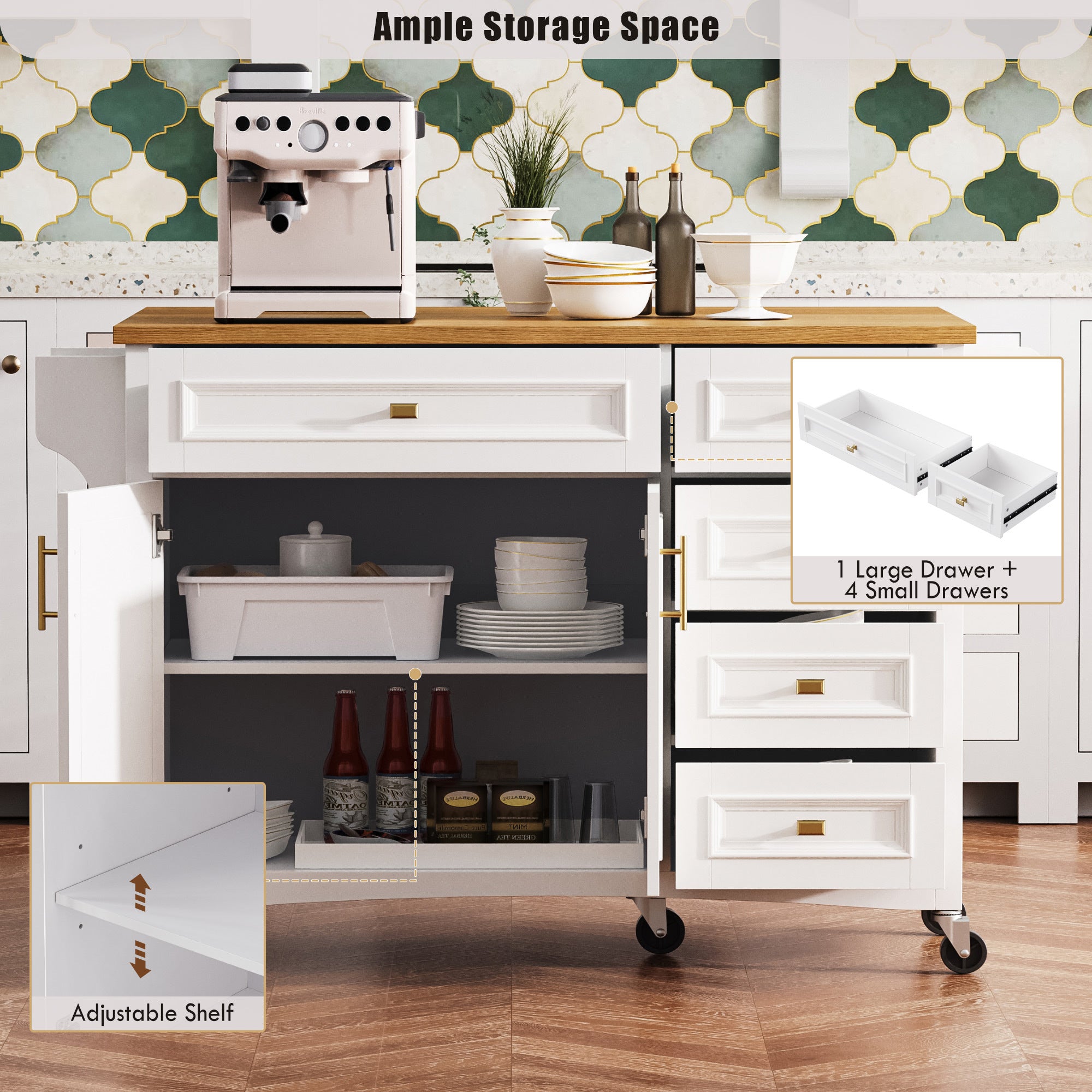 K&K 52'' Kitchen Island with Drop Leaf, Embossed Texture Kitchen Island on Wheels with Spice Rack, Towel Rack, 2 Doors and 5 Drawers, Kitchen Storage Cart with Adjustable Shelf for Kitchen, White - Grand Goldman Shop