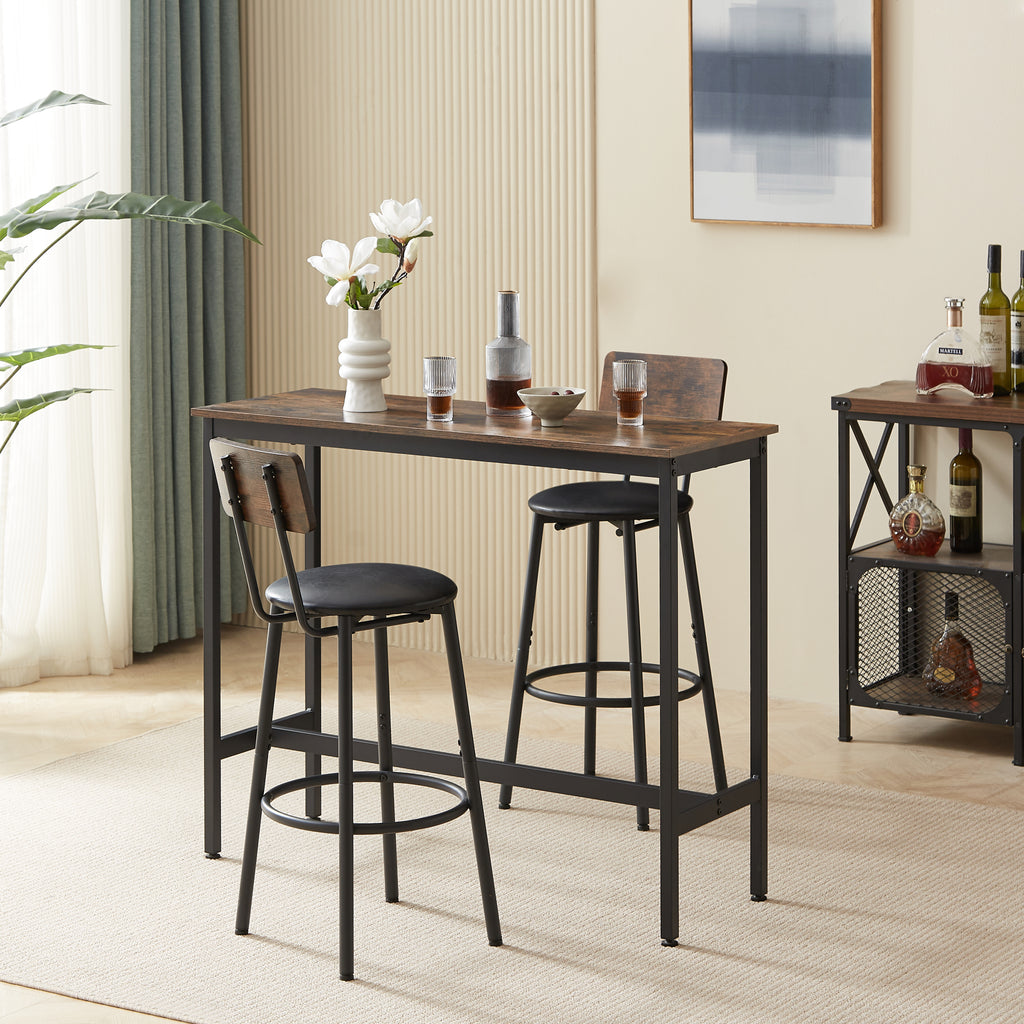 Bar Table Set with 2 Bar stools PU Soft seat with backrest, Rustic Brown, 43.31'' L x 15.75'' W x 35.43'' H. - Grand Goldman Shop