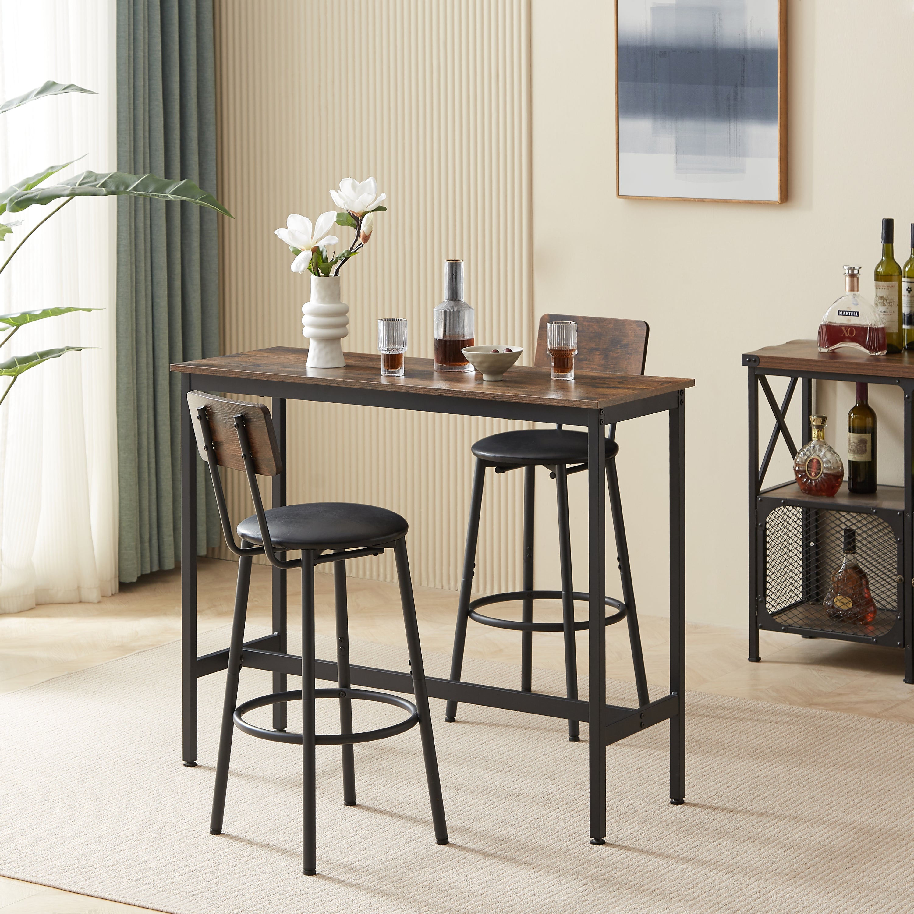 Bar Table Set with 2 Bar stools PU Soft seat with backrest, Rustic Brown, 43.31'' L x 15.75'' W x 35.43'' H. - Grand Goldman Shop