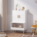 Kids Toy Storage Cabinet with Doors and Open Shelf, White Modern Wooden Organizer with Natural Wood Legs, Toddler Bookshelf f
