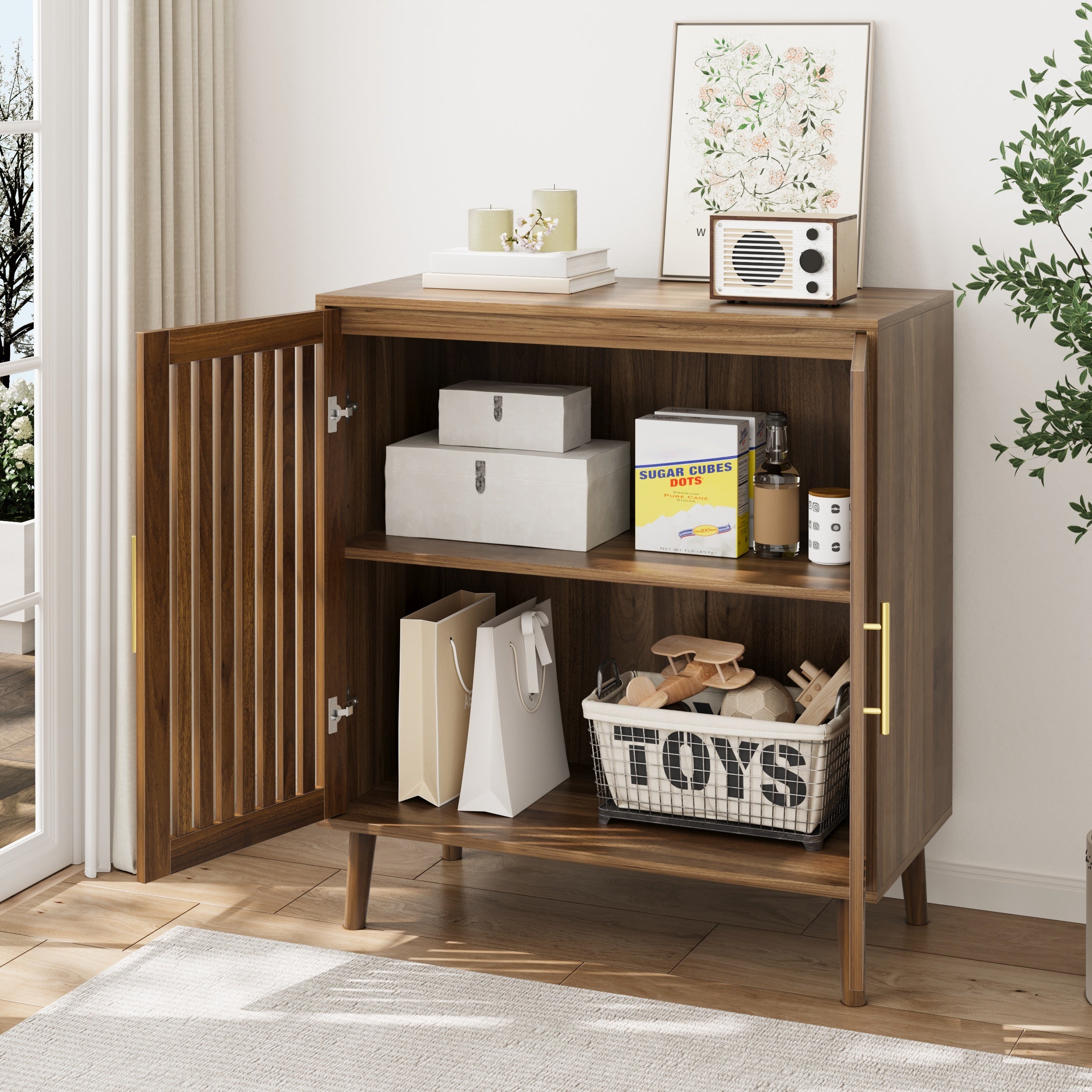 Farmhouse Walnut Sideboard Buffet Cabinet With Louvered Doors, Wood Coffee Bar Storage For Kitchen & Living Room, 31.5' W - Grand Goldman Shop