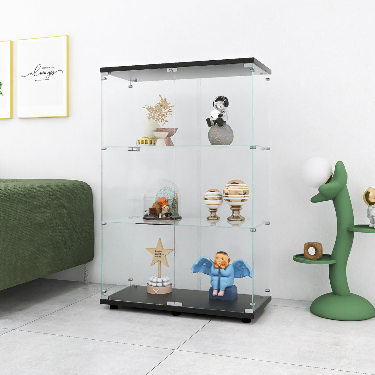 Two-door Glass Display Cabinet 3 Shelves with Door, Floor Standing Curio Bookshelf for Living Room Bedroom Office, 49.3'*31.7
