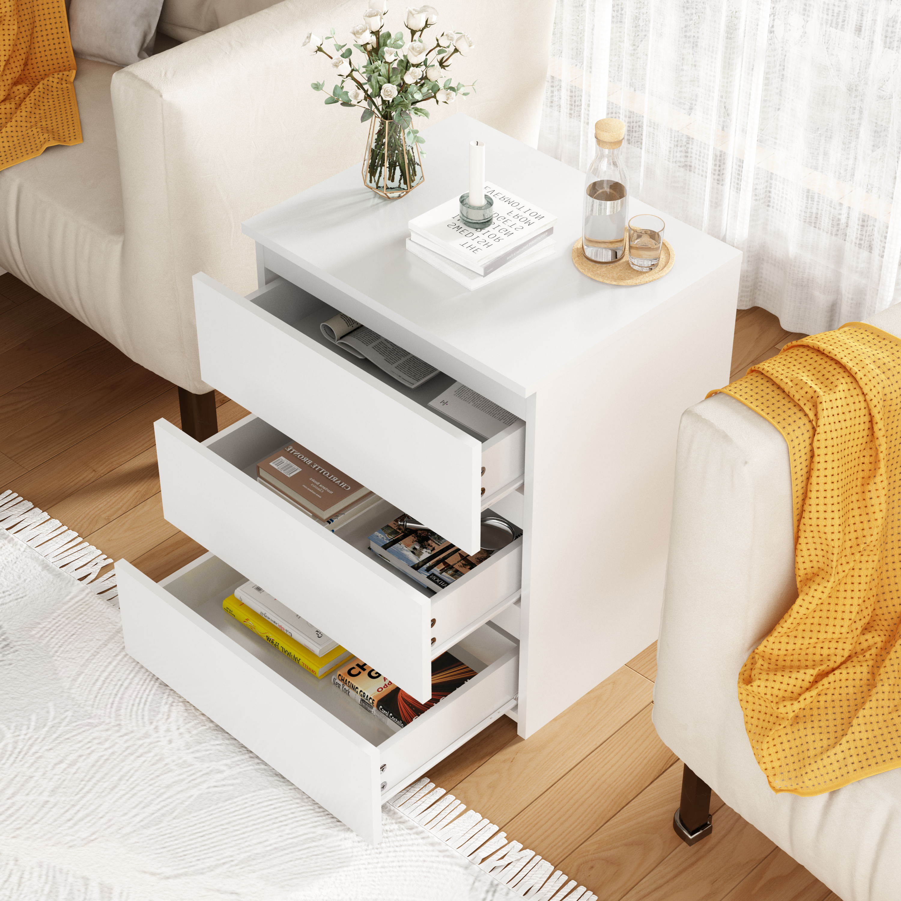 (Set of 2)3 Drawer Dresser, Small Dresser for Closet, Wooden White Nightstand for Bedroom, Chest of Drawers Side Table Storage Cabinet for Home Office , Each box Contains Two Side Tables - Grand Goldman Shop