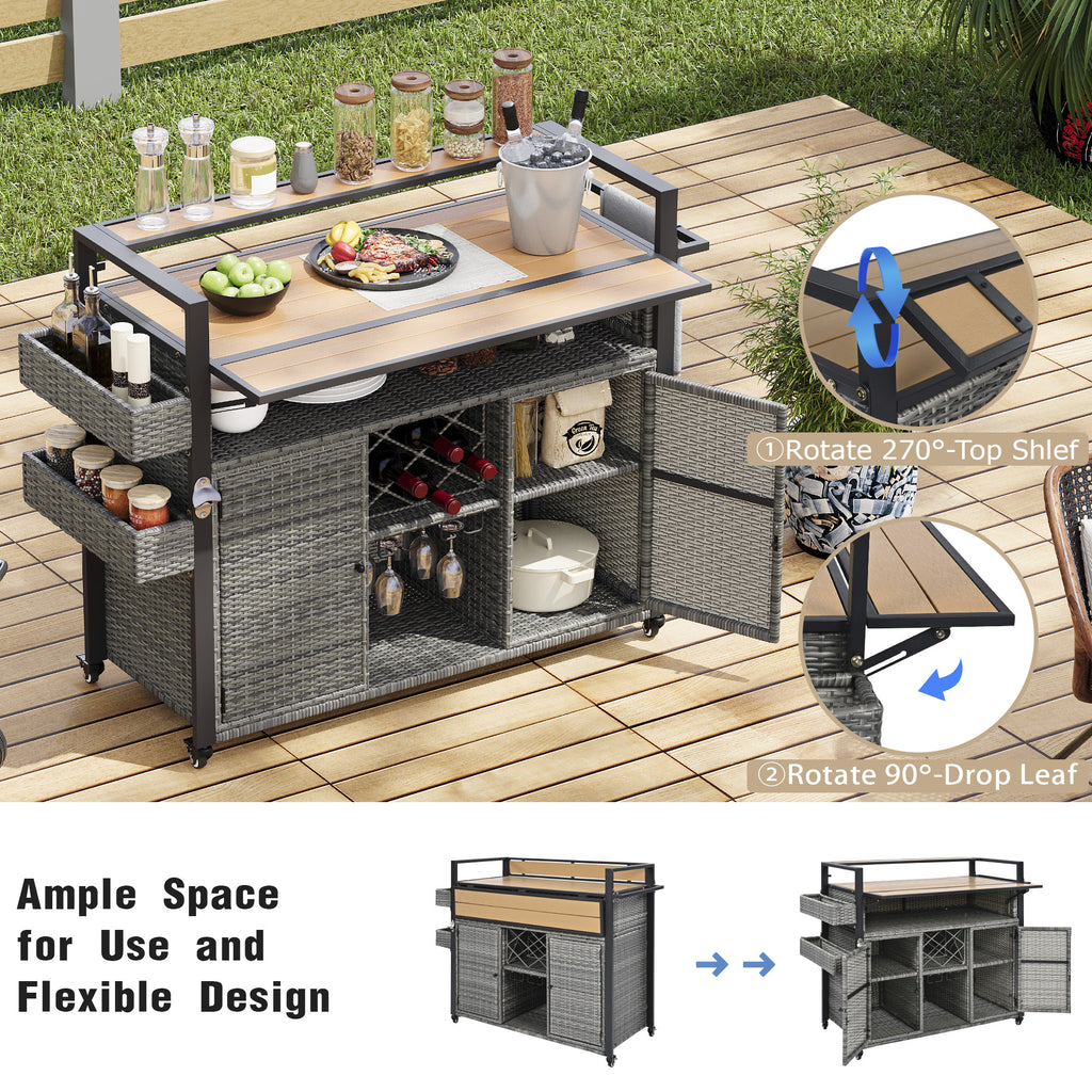 K&K 52.8'W Wicker Outdoor Grill Cart with Extended Plastic Wood Table Top, Rolling Kitchen Island on Wheels with Storage Cabinet, for Patio Backyard Garden Poolside, Double Handle Design, Grey - Grand Goldman Shop