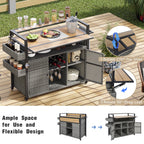 K&K 52.8'W Wicker Outdoor Grill Cart with Extended Plastic Wood Table Top, Rolling Kitchen Island on Wheels with Storage Cabinet, for Patio Backyard Garden Poolside, Double Handle Design, Grey - Grand Goldman Shop
