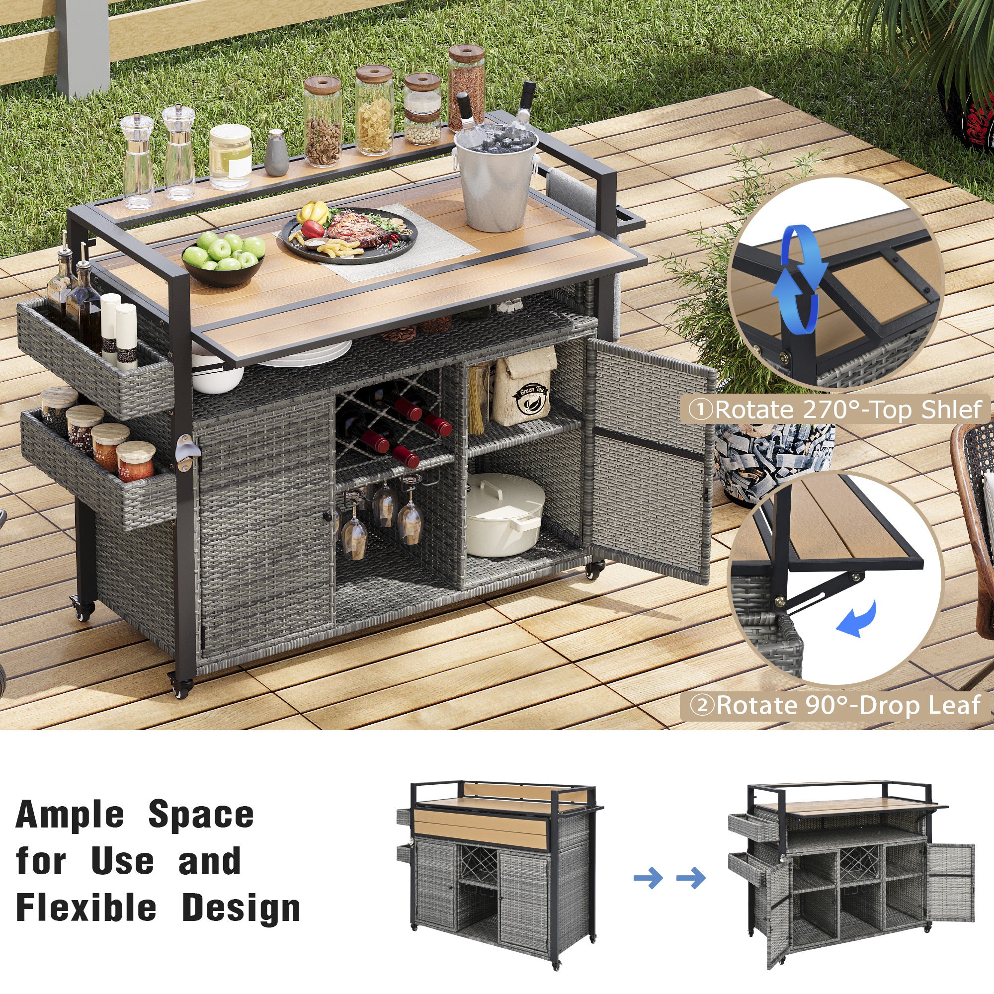 K&K 52.8'W Wicker Outdoor Grill Cart with Extended Plastic Wood Table Top, Rolling Kitchen Island on Wheels with Storage Cabinet, for Patio Backyard Garden Poolside, Double Handle Design, Grey - Grand Goldman Shop