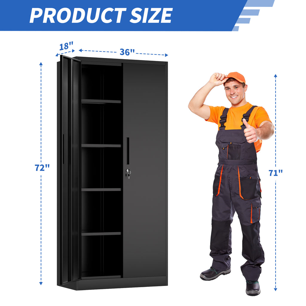 72'H Metal Garage Storage Cabinet, Black Tool Steel Locking Cabinet with Doors and 4 Shelves, Tall Cabinets for Garage Storag
