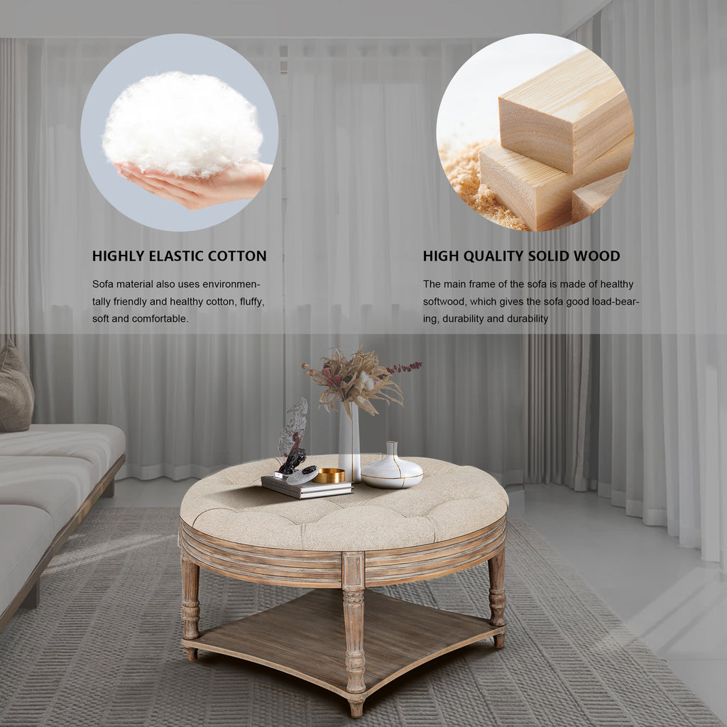 Large Round Waterproof Ottoman Coffee Table 2 Tier Oversized Button Tufted Ottoman with Wooden Shelf Storage Farmhouse Upholstered Coffee Table Living Room Footstool Ottoman Linen - Grand Goldman Shop