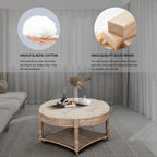 Large Round Waterproof Ottoman Coffee Table 2 Tier Oversized Button Tufted Ottoman with Wooden Shelf Storage Farmhouse Upholstered Coffee Table Living Room Footstool Ottoman Linen - Grand Goldman Shop