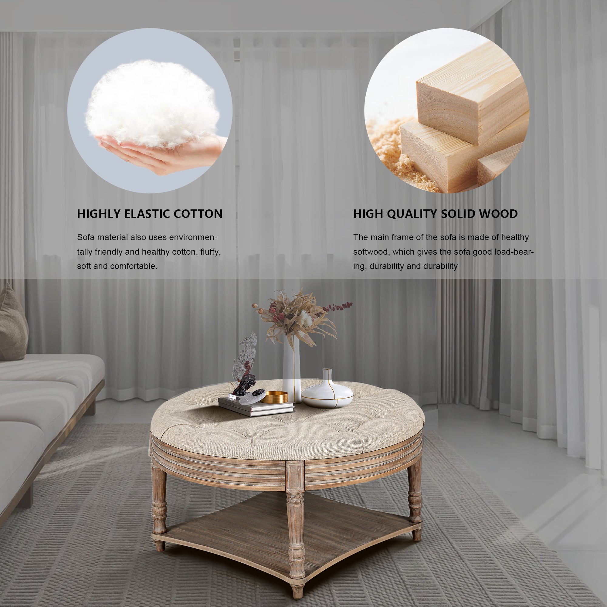 Large Round Waterproof Ottoman Coffee Table 2 Tier Oversized Button Tufted Ottoman with Wooden Shelf Storage Farmhouse Upholstered Coffee Table Living Room Footstool Ottoman Linen - Grand Goldman Shop