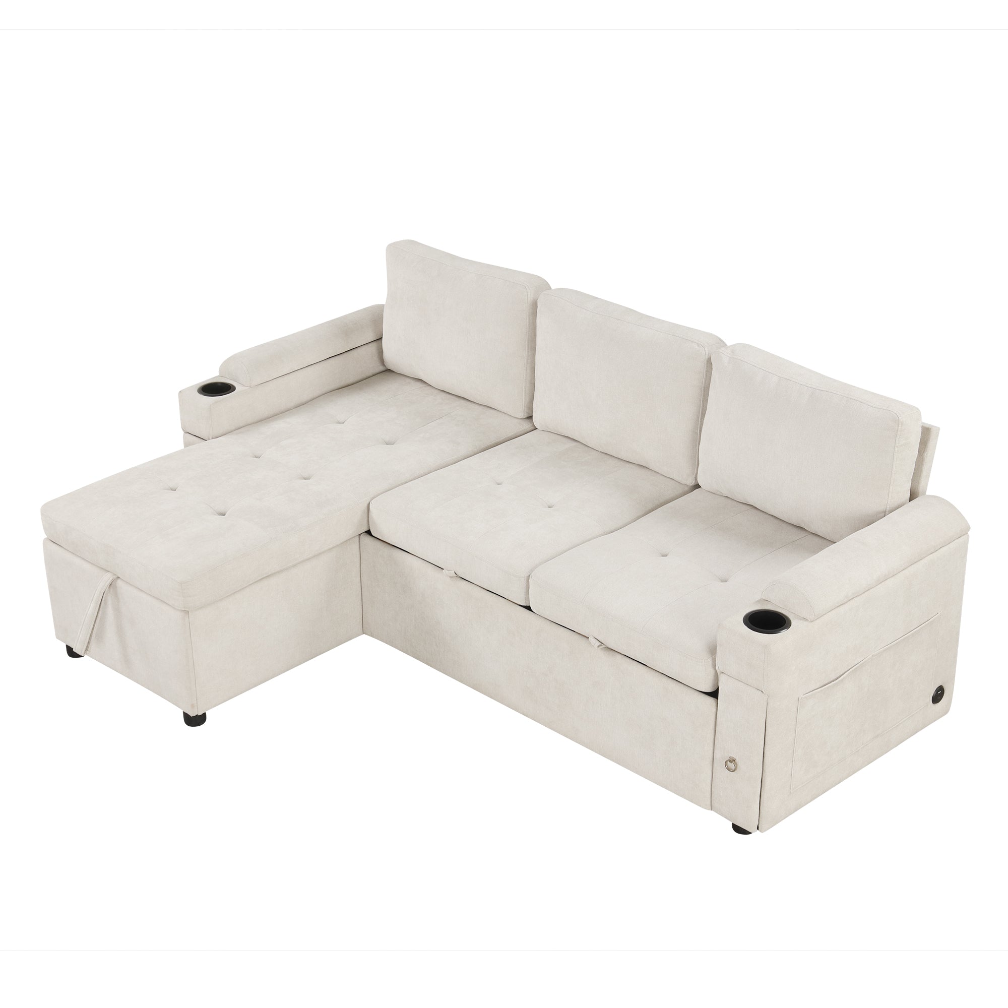 Convertible L-shaped Beige Sofa Couch with Storage, Cup Holders, USB Ports, Chenille Fabric - Grand Goldman Shop
