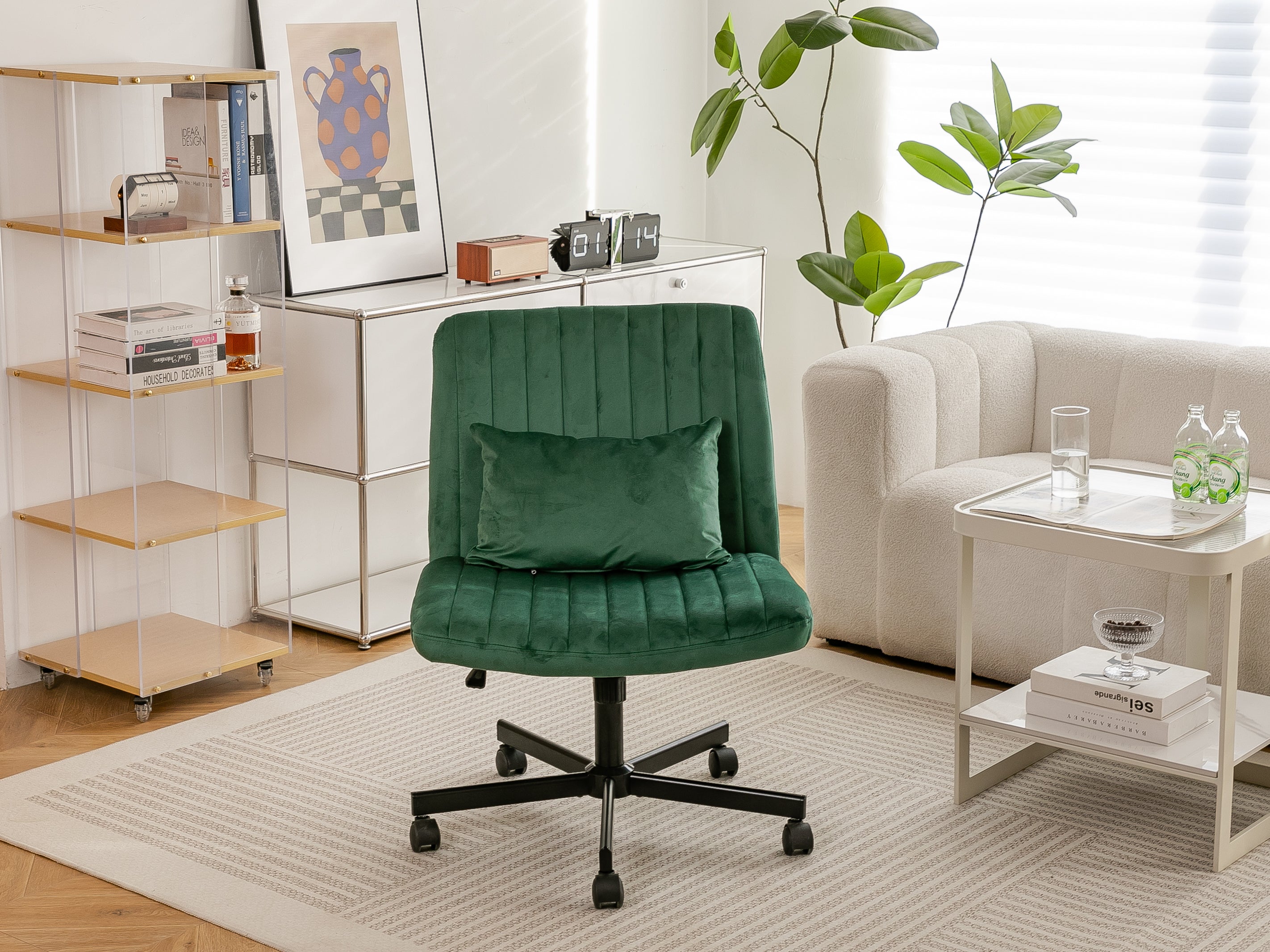 Green Velvet Criss Cross Armless Office Chair with Wheels - Comfortable & Stylish for Home Office, Meditation, and Makeup Use