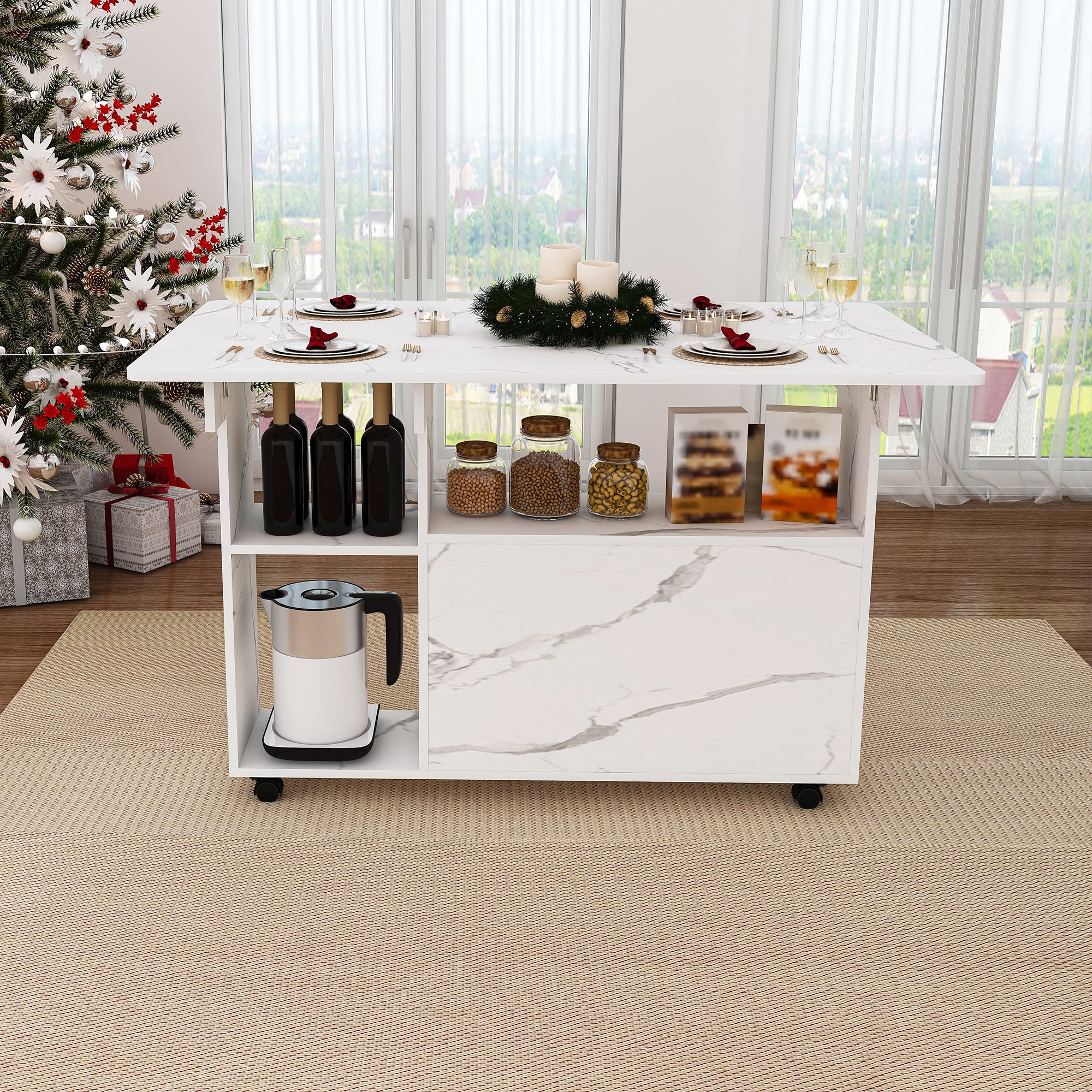 Multi-Functional Folding Table with Storage Shelves and Wheels, 47 Inch White MDF Compact Desk for Kitchen, Dorm, or Office - Grand Goldman Shop