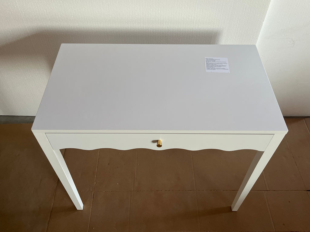 White 35.43' Vanity Desk with Drawer – Modern Makeup Table with Scalloped Front & Gold Knob, Compact Writing Desk with 4 Sturdy Legs for Bedroom, Small Home Office & Apartment Spaces - Grand Goldman Shop