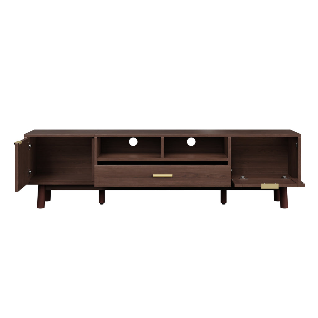 Wood Fashionable TV Stand for 75' TVs with Soft-Closing Doors, Dark Brown Modern Console with Rattan Accents and Drop-Down Cabinet, Solid Wood and MDF Construction - Grand Goldman Shop