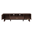 Wood Fashionable TV Stand for 75' TVs with Soft-Closing Doors, Dark Brown Modern Console with Rattan Accents and Drop-Down Cabinet, Solid Wood and MDF Construction - Grand Goldman Shop