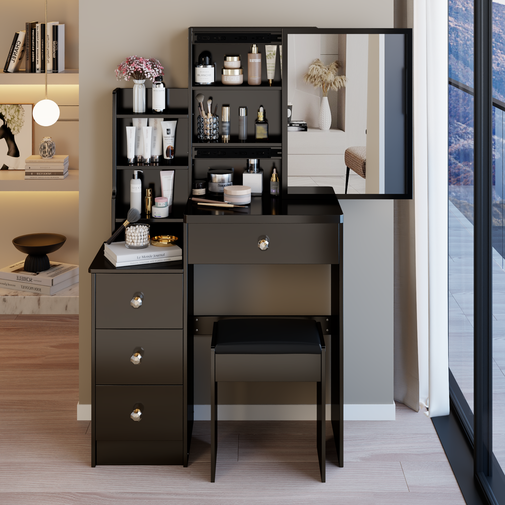 29.2' Small Space Left Bedside Cabinet Vanity Table + Cushioned Stool, Extra Large Right sliding mirror, Multi Layer High Capacity Storage, Practical Fashionable Dresser, Suitable For Small Space - Grand Goldman Shop