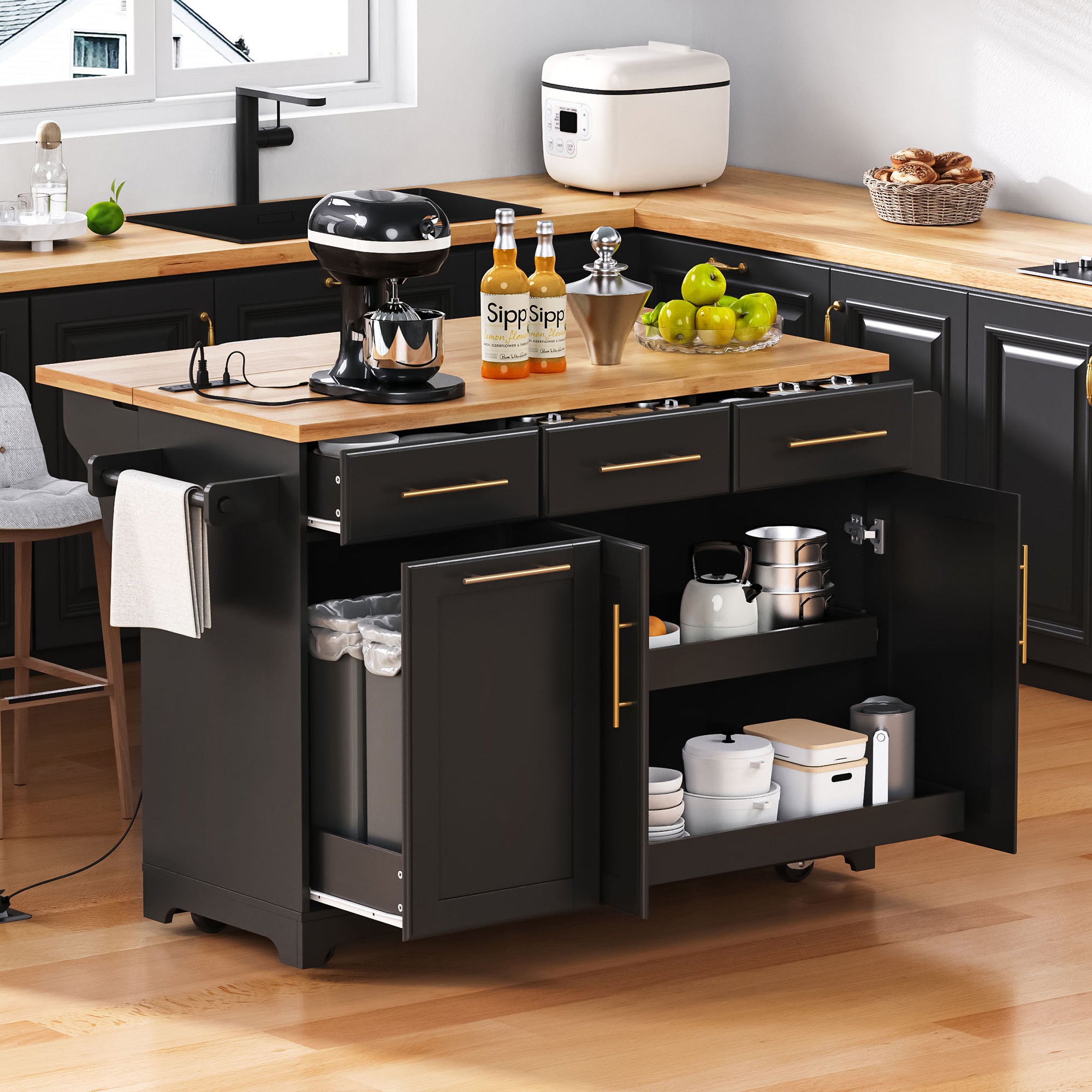K&K 59.3' Kitchen Island with Storage 2 Pull Out Cabinet Organizers & Rubber Wood Drop Leaf, Rolling Kitchen Island with Trash Can Storage, Power Outlet, Spice & Towel Rack for Kitchen, Dining, Black - Grand Goldman Shop
