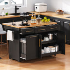 K&K 59.3' Kitchen Island with Storage 2 Pull Out Cabinet Organizers & Rubber Wood Drop Leaf, Rolling Kitchen Island with Trash Can Storage, Power Outlet, Spice & Towel Rack for Kitchen, Dining, Black - Grand Goldman Shop