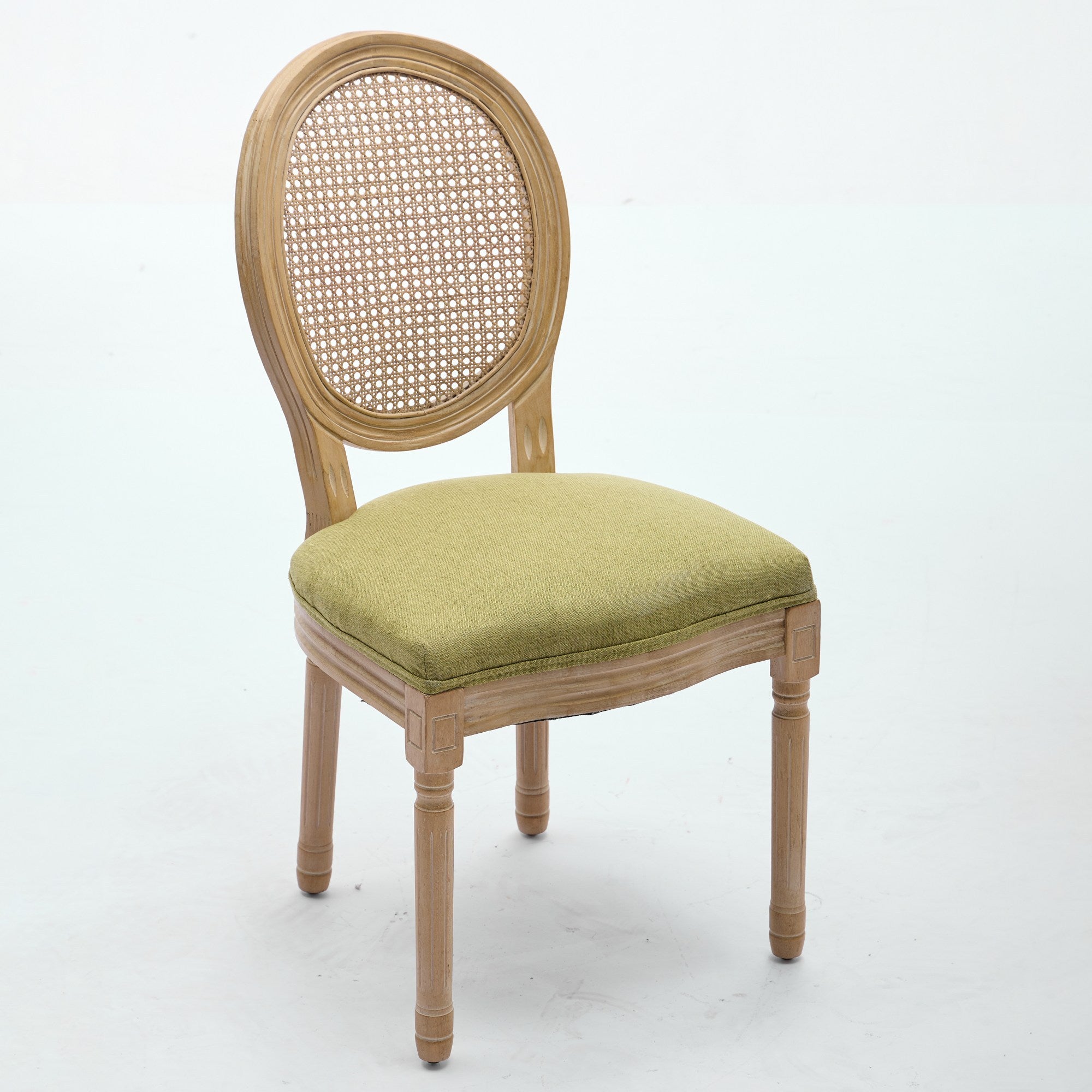 A&A Furniture,French Style Solid Wood Frame Antique Painting Linen Fabric Rattan Back Dining Chair,Set of 2,Olive-Green - Grand Goldman Shop