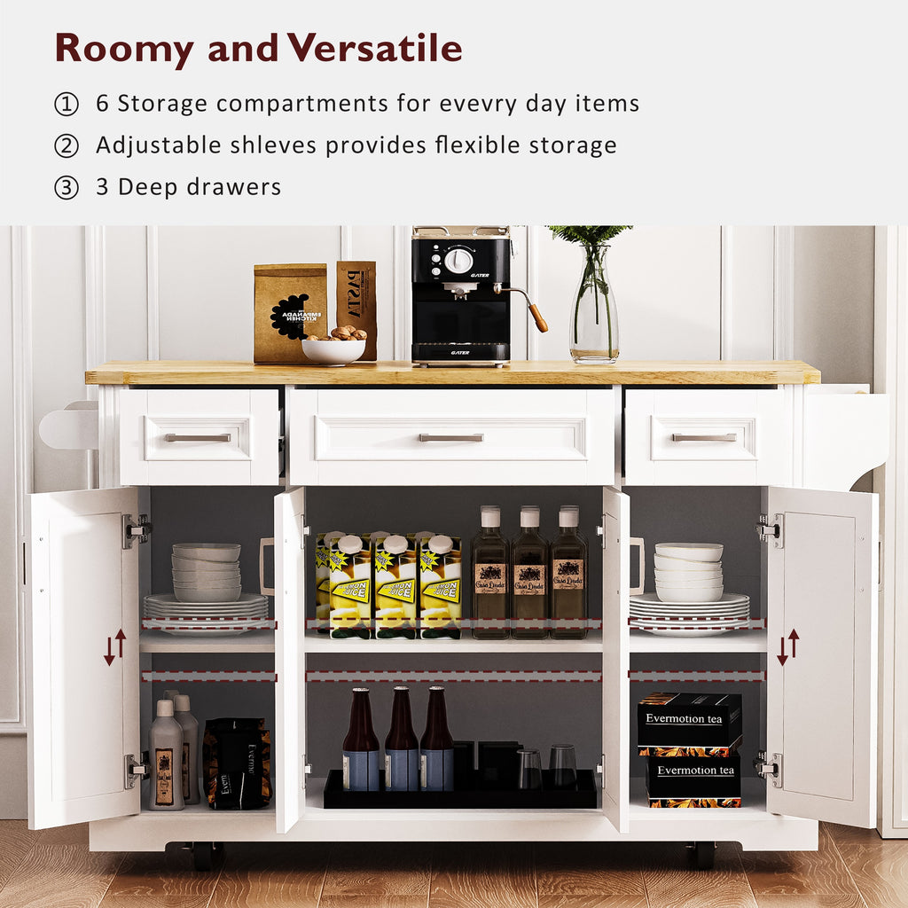 K&K 54inch Large Kitchen Island with Rubber Wood Drop Leaf, Embossed Texture Rolling Kitchen Cart on 4 Wheels with 4 Doors and 3 Drawers, Kitchen Island with Storage for Kitchen, Dining Room,White - Grand Goldman Shop