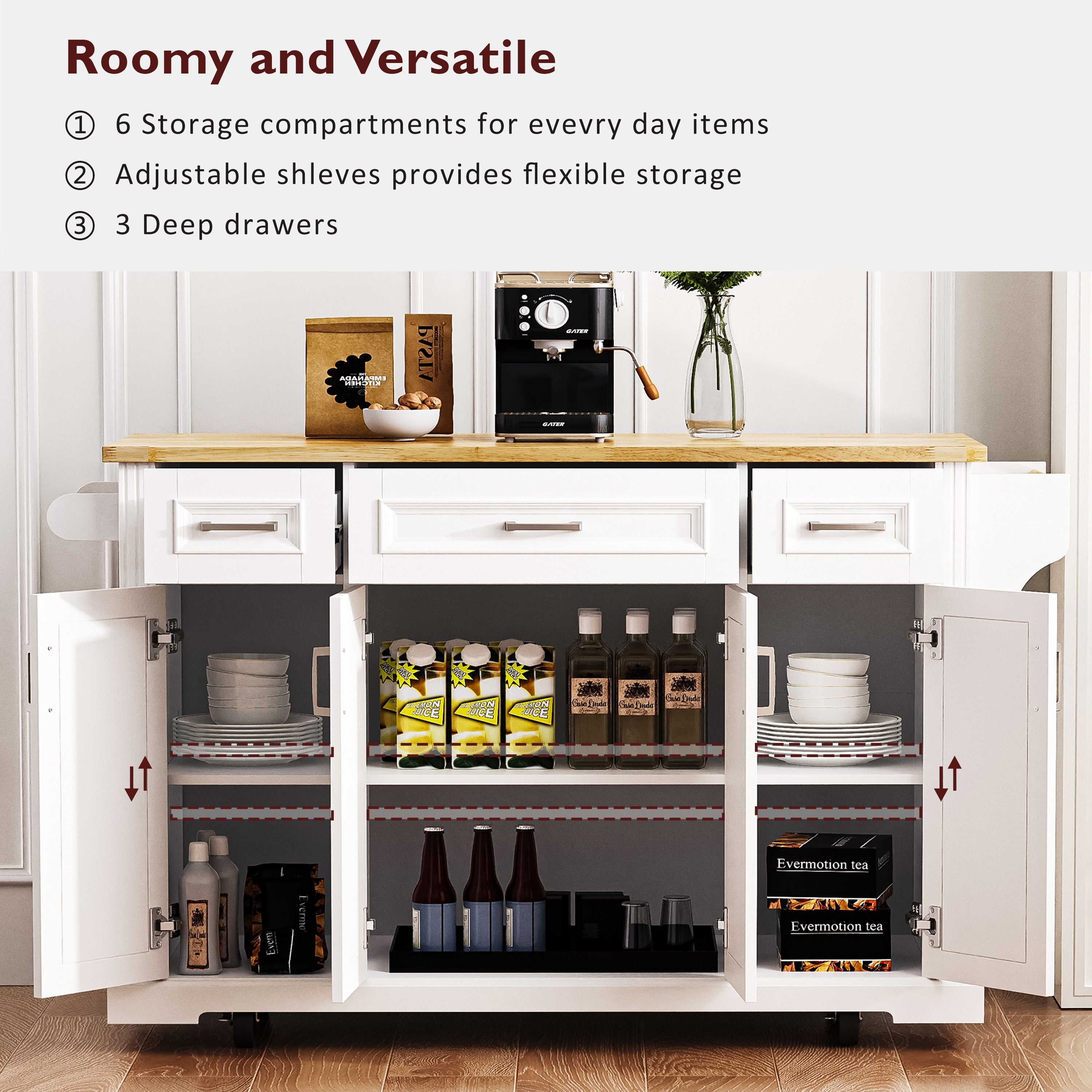 K&K 54inch Large Kitchen Island with Rubber Wood Drop Leaf, Embossed Texture Rolling Kitchen Cart on 4 Wheels with 4 Doors and 3 Drawers, Kitchen Island with Storage for Kitchen, Dining Room,White - Grand Goldman Shop