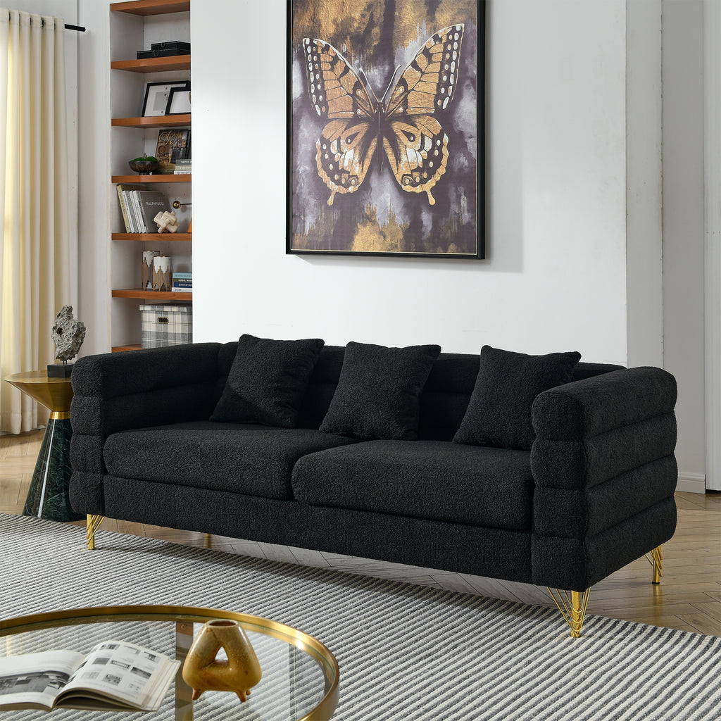Streamline Modern 81 Inch Oversized 3 Seater Sectional Sofa in Black Teddy Fabric with 3 Lumbar Pillows, Deep Seating Comfort for Living Room Bedroom Office - Grand Goldman Shop