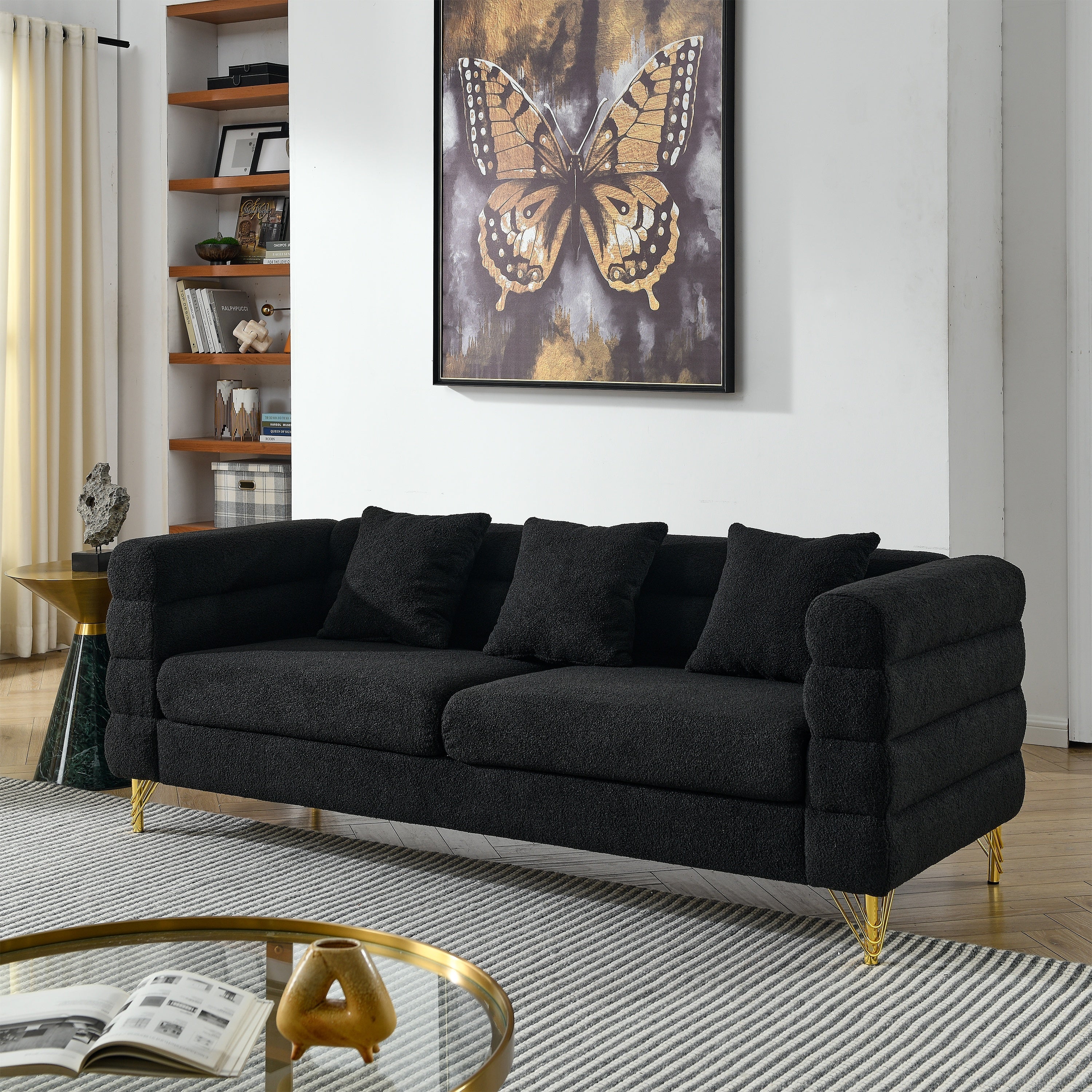 Streamline Modern 81 Inch Oversized 3 Seater Sectional Sofa in Black Teddy Fabric with 3 Lumbar Pillows, Deep Seating Comfort for Living Room Bedroom Office - Grand Goldman Shop
