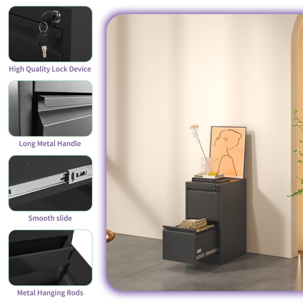 Black Steel 2 Drawer Vertical File Cabinet with Lock for A4 Legal/Letter Size - Grand Goldman