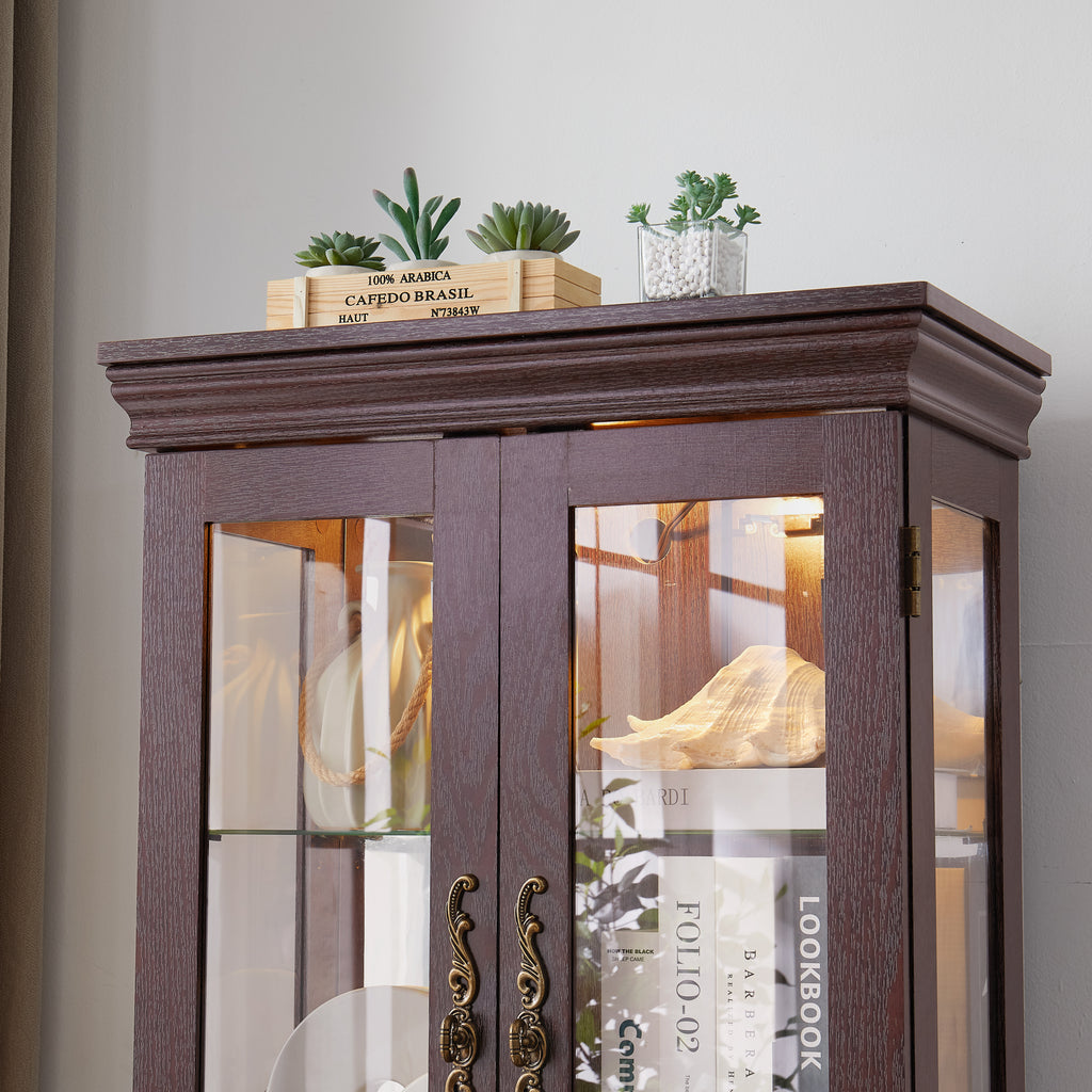 Lighted Glass Curio Display Cabinet,Display Cabinet,Glass Storage Cabinet Glass Wine cabinet Wood Frame Toy Display for Living Room, Kitchen, Pantry light bulb included Dark Cherry - Grand Goldman Shop
