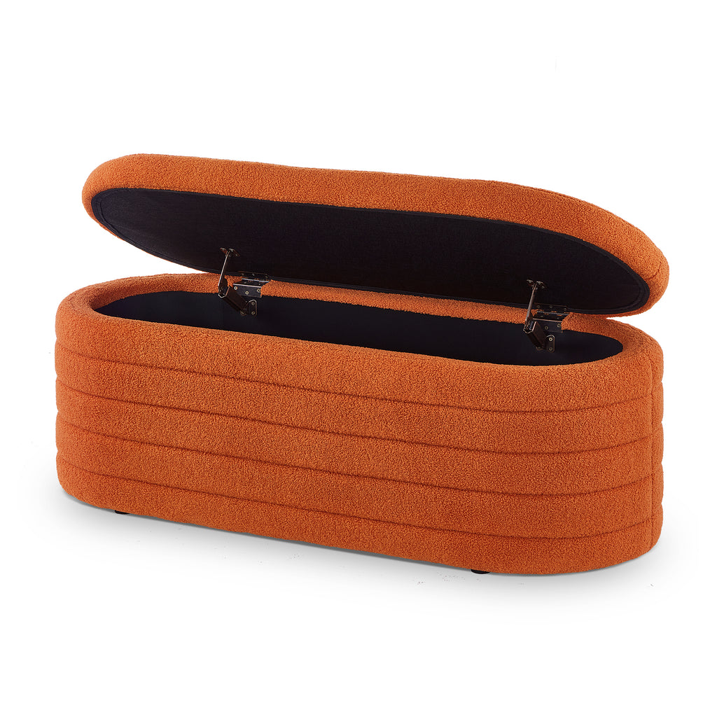 Modern Oval Storage Ottoman Bench, Upholstered Boucle Teddy Fabric End of Bed Bench with Storage, End of Bed Stool with Safety Hinge for Bedroom, Living Room, Entryway, Orange - Grand Goldman Shop