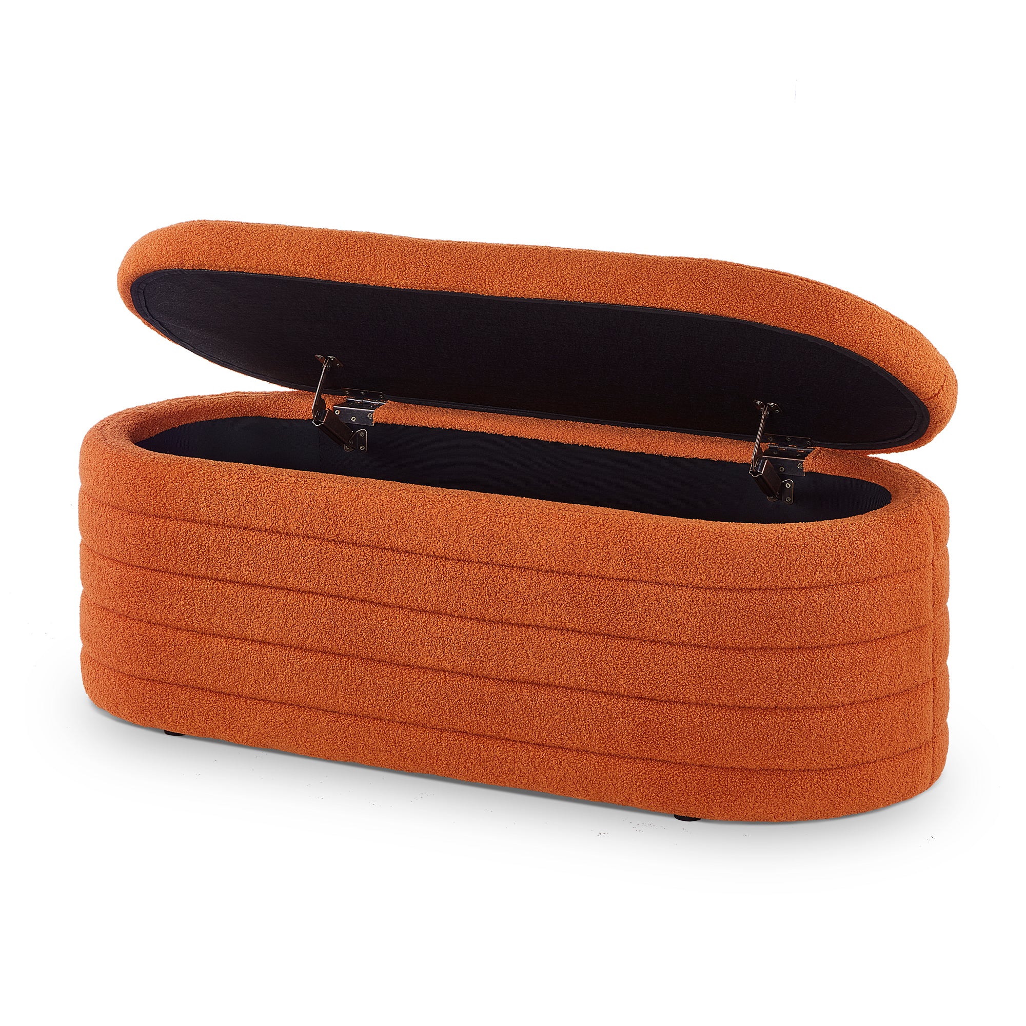 Modern Oval Storage Ottoman Bench, Upholstered Boucle Teddy Fabric End of Bed Bench with Storage, End of Bed Stool with Safety Hinge for Bedroom, Living Room, Entryway, Orange - Grand Goldman Shop