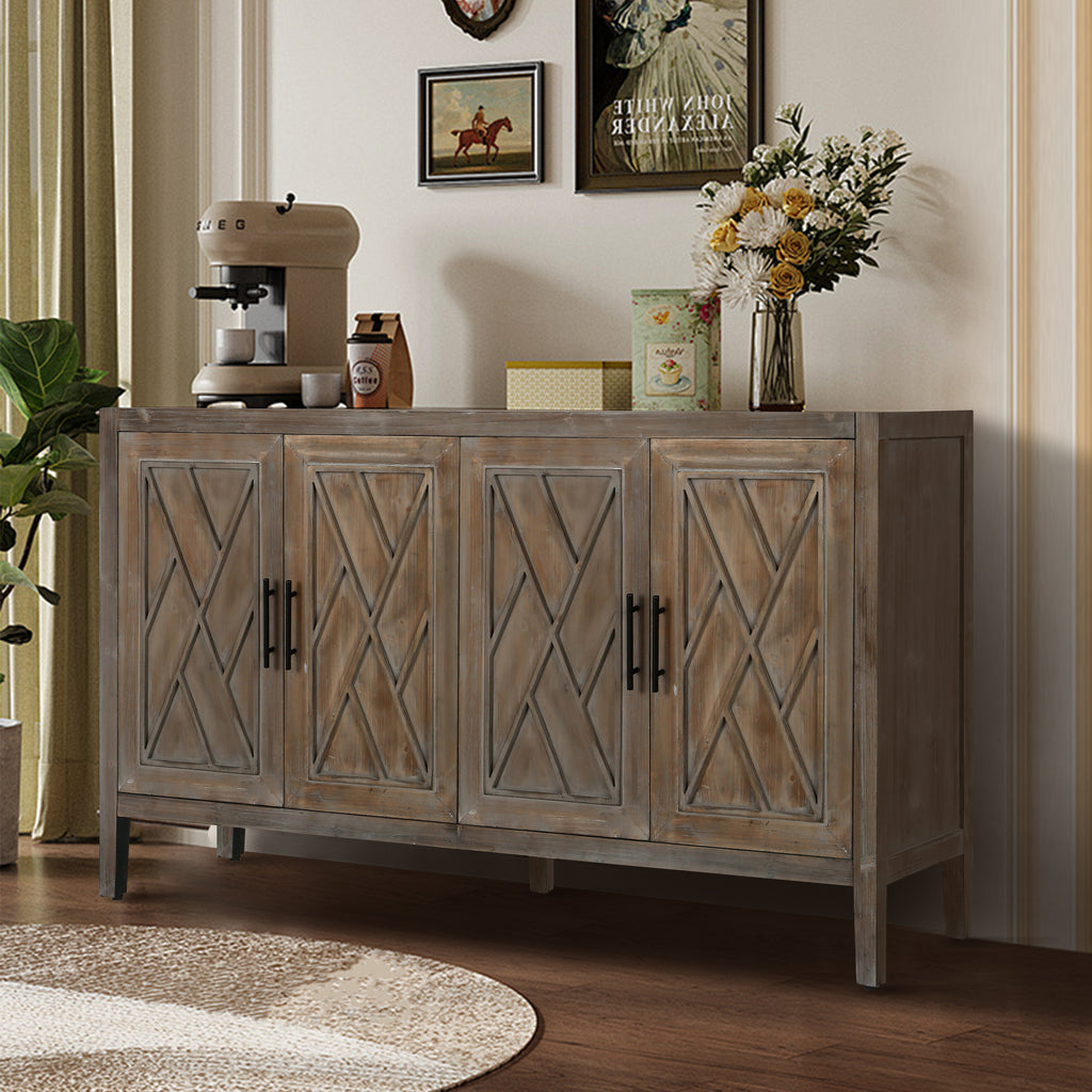 60 inches Modern Farmhouse Accent Cabinet with 4 Doors and Adjustable Shelf Wood Sideboard Buffet Cabinet Console Table Credenza Buffet Table for Kitchen Dining Room Entryway Hallway(Antique Brown) - Grand Goldman Shop
