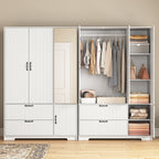 4 Doors Wardrobe Closet with Mirror, LED Wardrobe with Doors and 2 Drawers, Wooden Wardrobe Storage Cabinet with Hanging Rod, Adjustable Shelves, White - Grand Goldman Shop
