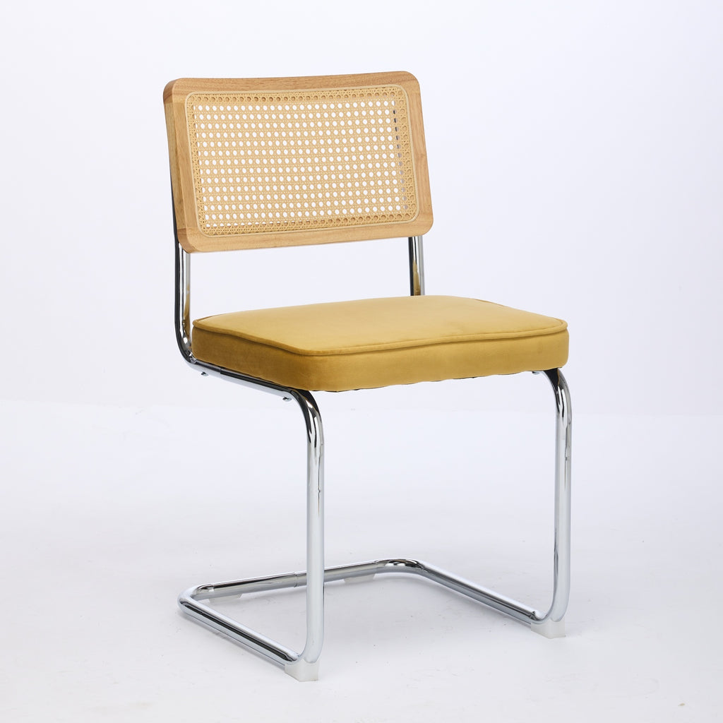 Mid Century Modern Dining Chairs Set of 2, Velvet Accent Chairs with Natural Cane Back & Stainless Chrome Base, Famous Breuer Designed Chairs, Upholstered Rattan Kitchen Chairs,Golden - Grand Goldman Shop
