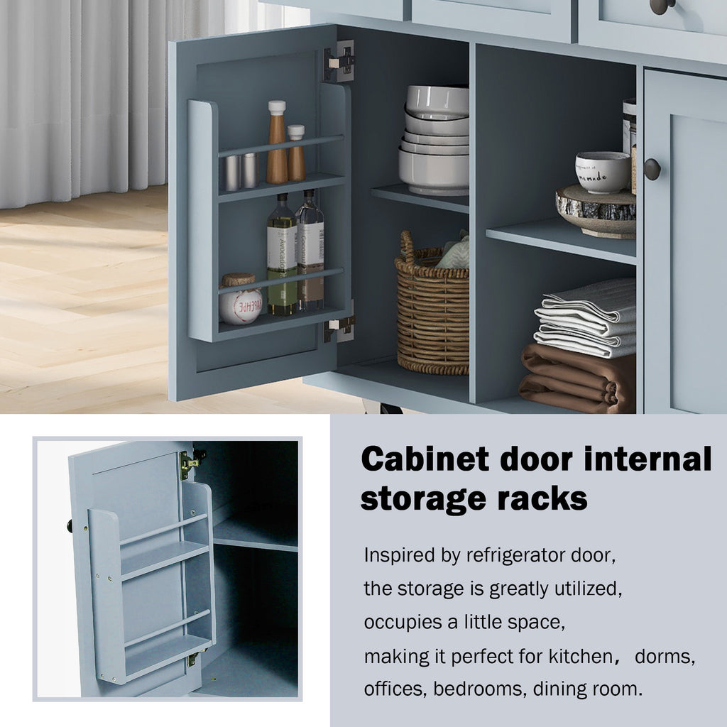 Kitchen Cart with Rubber wood Drop-Leaf Countertop ,Cabinet door internal storage racks,Kitchen Island on 5 Wheels with Storage Cabinet and 3 Drawers for Dinning Room, Grey Blue - Grand Goldman Shop