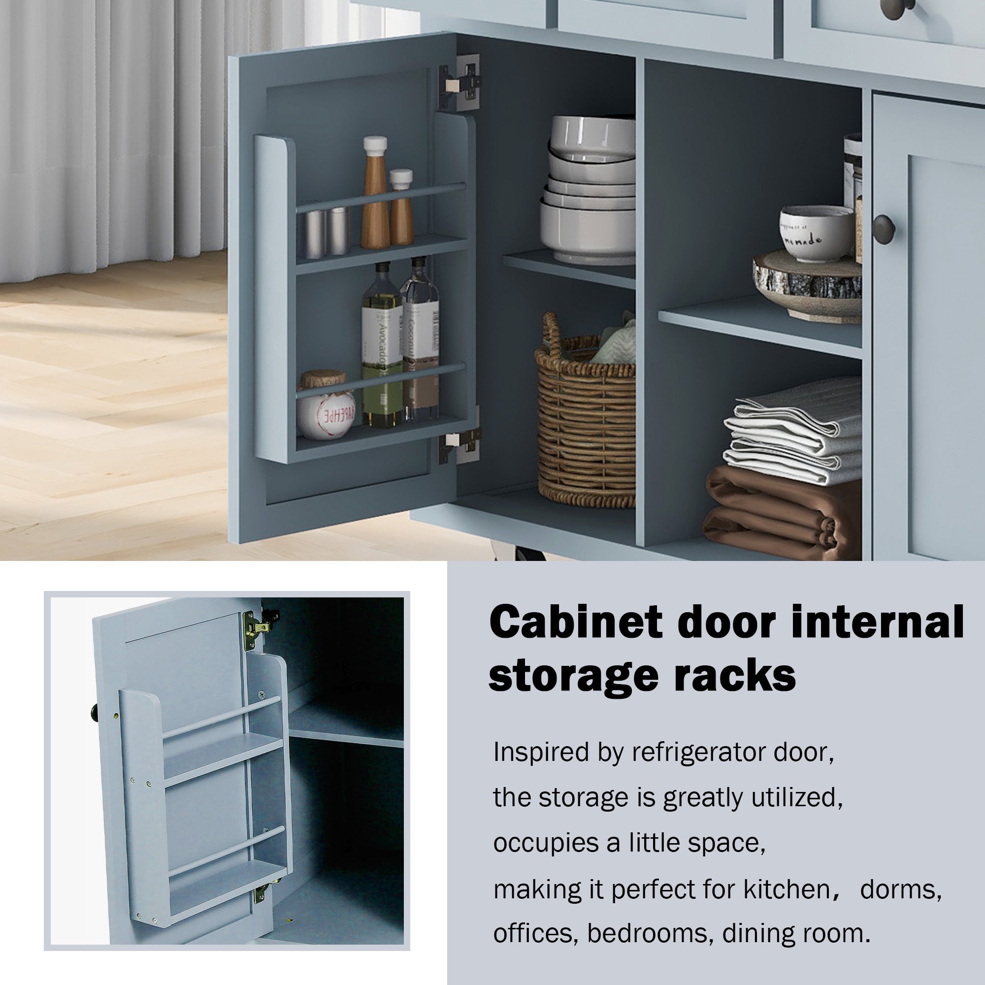 Kitchen Cart with Rubber wood Drop-Leaf Countertop ,Cabinet door internal storage racks,Kitchen Island on 5 Wheels with Storage Cabinet and 3 Drawers for Dinning Room, Grey Blue - Grand Goldman Shop