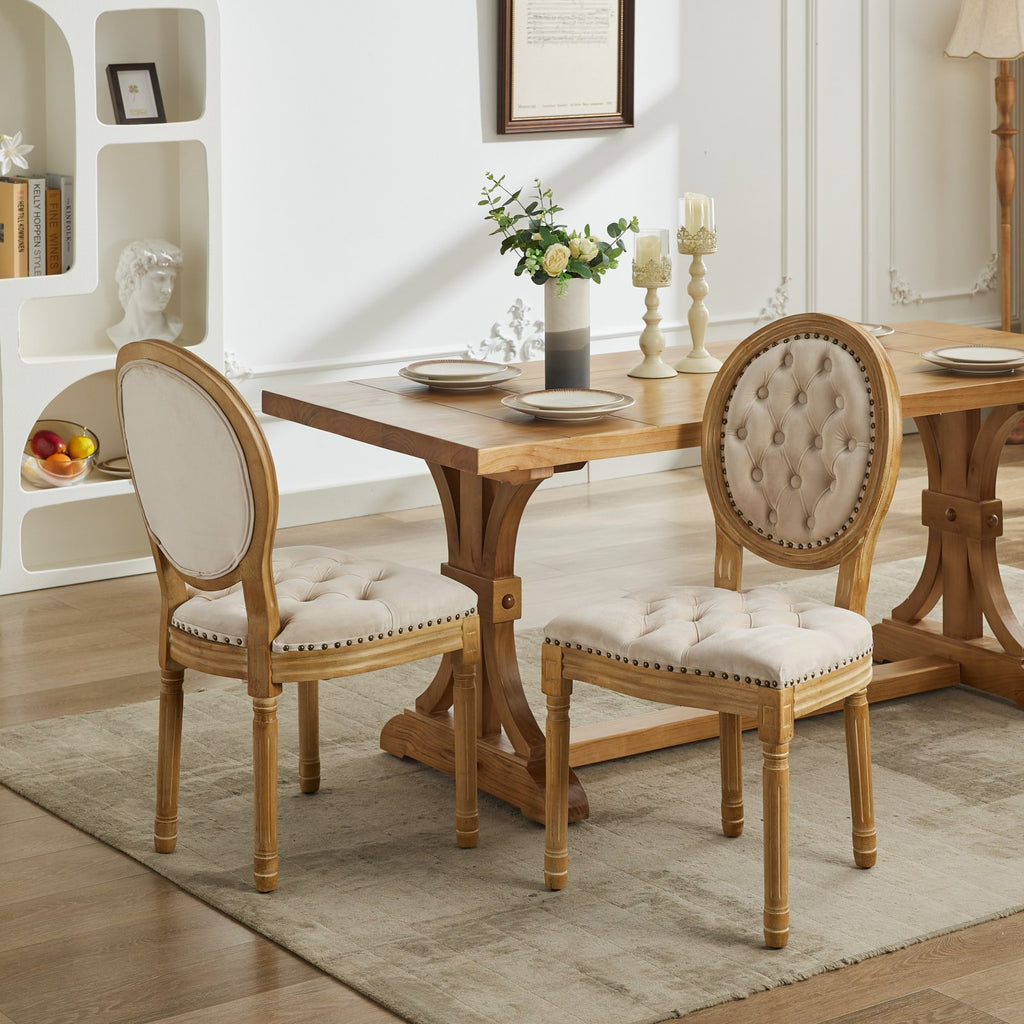 French Style Solid Wood Frame Antique Painting,Hand-pulled buckle decoration Velvet artificial leather Dining Chair with Nailhead Trim ,Wood Legs,Steel Spring inner,Set of 2,Beige,SW1739BG - Grand Goldman Shop
