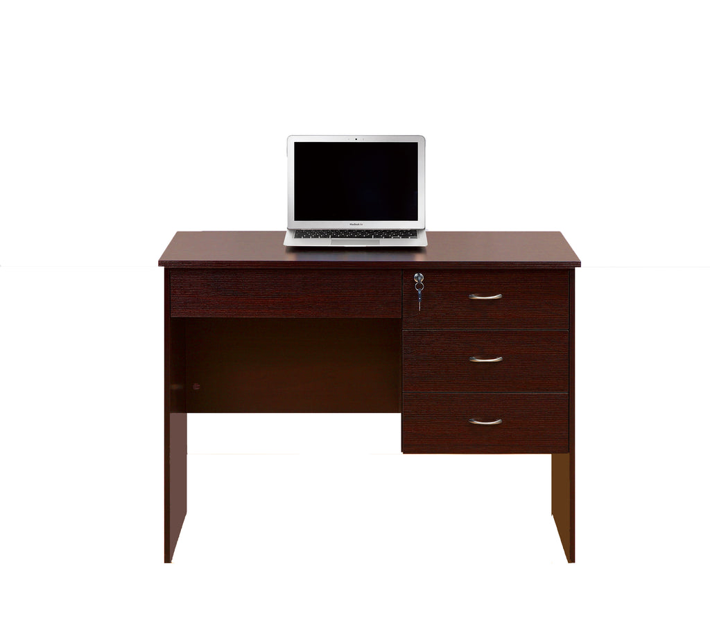 Three locking drawers on metal glides Student Desk Work Desk Modesty Panel Metal Bar Handles Mahogany color - Grand Goldman