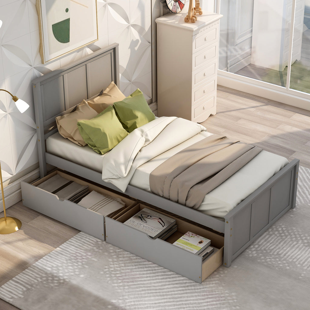 Gray Platform Storage Bed with 2 Wheels-Drawers, Twin Size Frame, Pine Wood and MDF Construction - Grand Goldman Shop