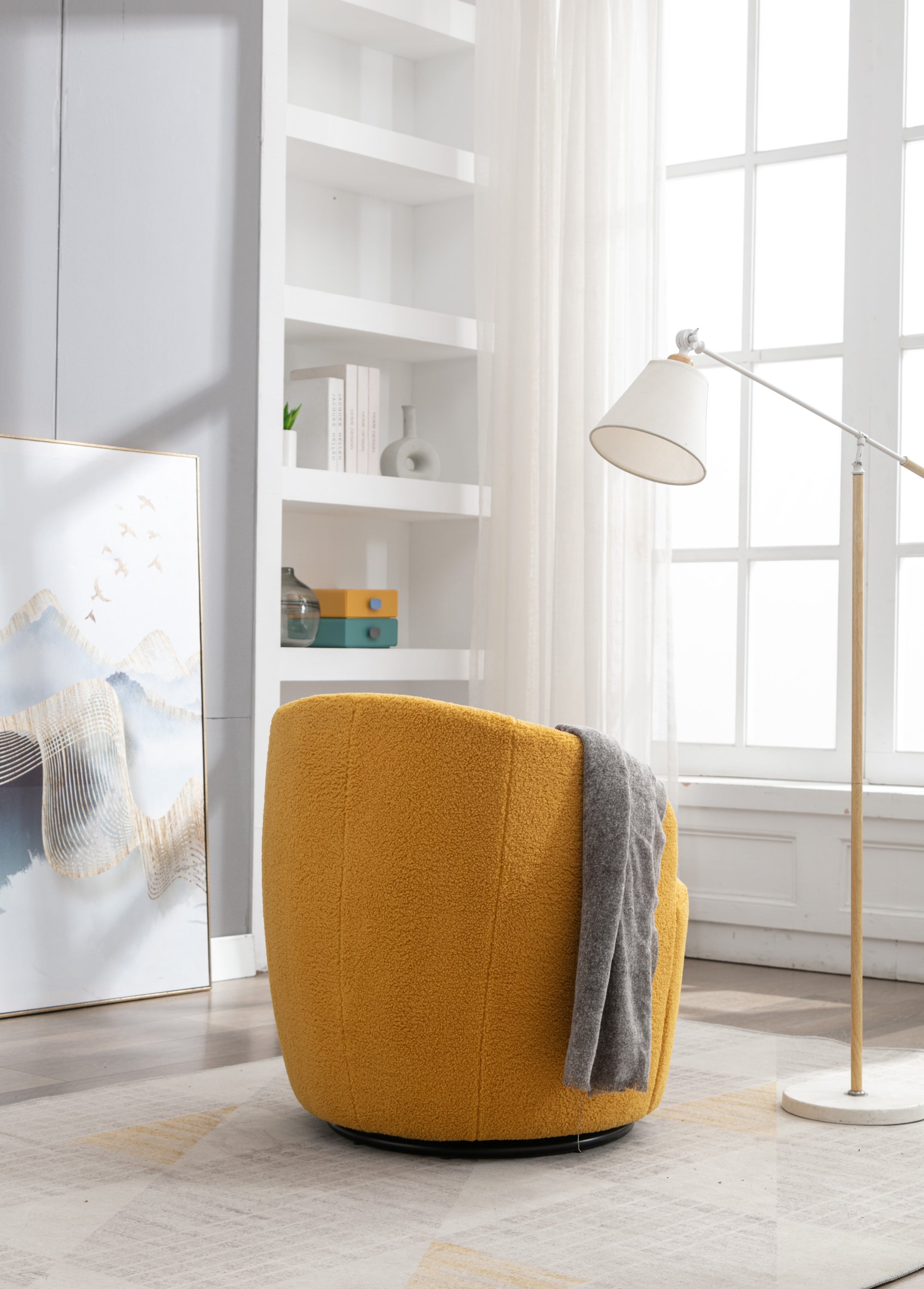 Teddy Fabric Swivel Accent Armchair Barrel Chair With Black Powder Coating Metal Ring,Yellow - Grand Goldman Shop