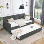 Mid-Century Grey Upholstered Twin Daybed with Trundle, Waved Arms, Eucalyptus Wood Frame, 80.5''x44.5''x33.5'' - Grand Goldman Shop