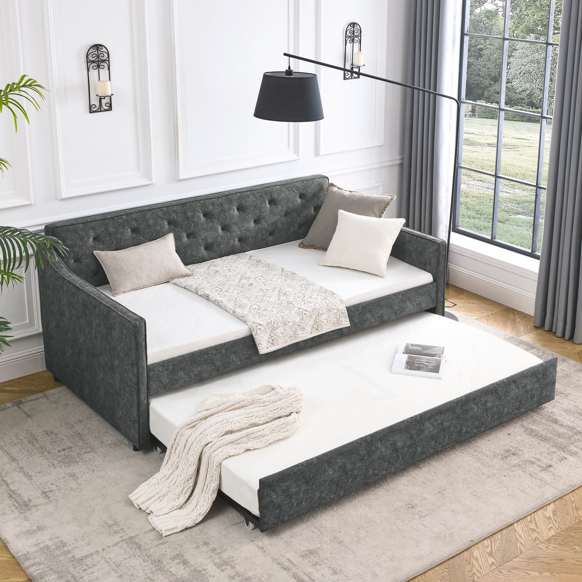 Mid-Century Grey Upholstered Twin Daybed with Trundle, Waved Arms, Eucalyptus Wood Frame, 80.5''x44.5''x33.5'' - Grand Goldman Shop