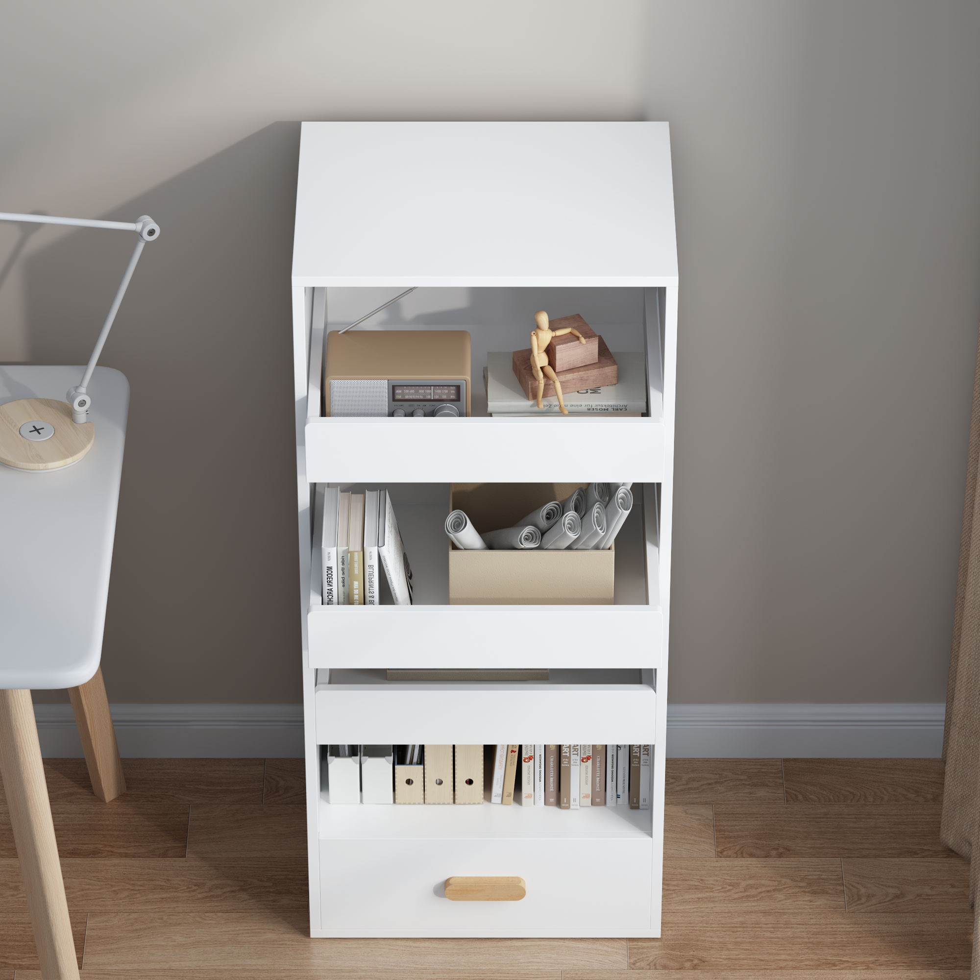 4-Tier Freestanding Bookshelf with 3 Sliding Drawers and 1 Bottom Drawer in White, Engineered Wood - Grand Goldman